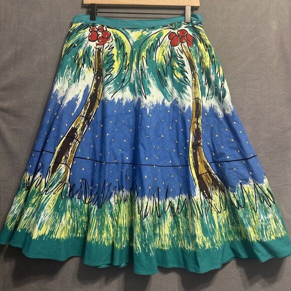 BERNADO Skirt Size 12 Graphic Beach Scene Coconuts Sequins Resort Vacation Artsy - Picture 3 of 7